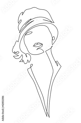 Abstract female face drawing with lines in vintage style of the 20s (20th century), quick sketch, fashion illustration, woman beauty minimalist