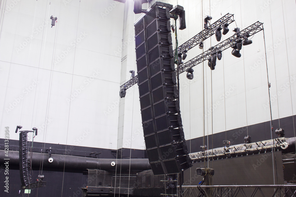 Line array sound speakers. Installation of professional concert equipment  for live show. Stock Photo | Adobe Stock