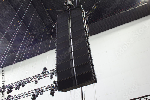 Line array sound speakers for live show. Professional concert equipment.