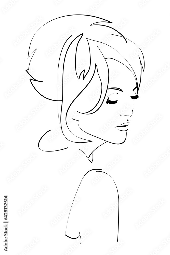 Abstract female face drawing with lines, quick sketch, fashion illustration, woman beauty minimalist, vector illustration for t-shirt, print design, covers, web