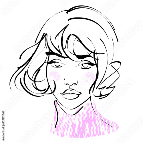 Abstract human face drawing with lines, quick sketch, fashion illustration, woman beauty minimalist, vector illustration for t-shirt, print design, covers, web