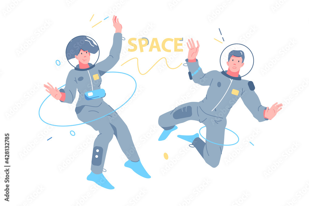 Fototapeta premium Man and woman astronauts exploring outer space