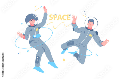 Man and woman astronauts exploring outer space