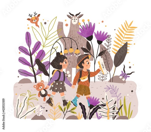 Happy kids walking together in fairy forest of wonderland. Boy and girl holding hands and hiking in fantastic nature. Colored flat vector illustration of whimsical woods isolated on white background