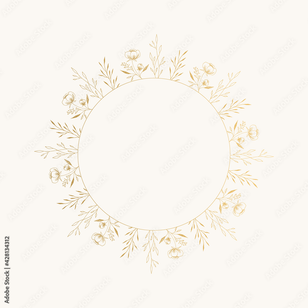 Vintage circle frame with floral motif. Golden border with flowers and leaves.