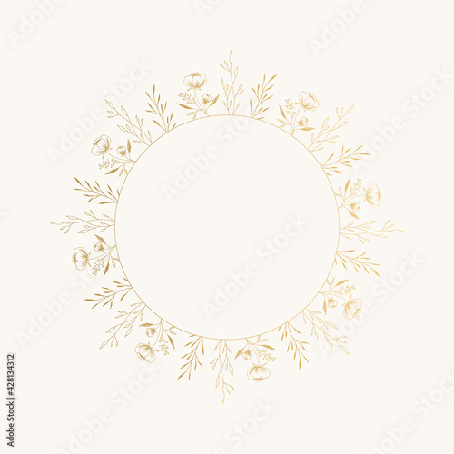Vintage circle frame with floral motif. Golden border with flowers and leaves.