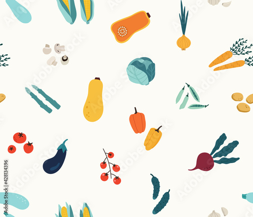 Seamless pattern of hand-drawn colorful vegetables, isolated on beige background. Suitable for illustrating healthy eating, recipes, local farm. The concept of vegetarian and healthy food.