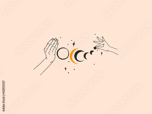 Hand drawn vector abstract stock flat graphic illustration with logo elements ,woman fashion magic line art hands touch moonand stars in simple style for branding ,isolated on color background