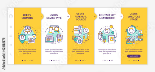 Smart rules criteria onboarding vector template. Responsive mobile website with icons. Web page walkthrough 5 step screens. Digital marketing color concept with linear illustrations