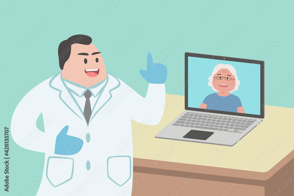 Male doctor using laptop computer online video call remote talking to senior woman patient Male doctor using laptop computer online video call remote talking to senior woman patient