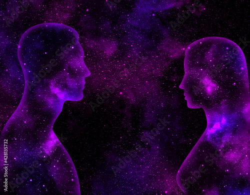 Фотография Female and male shining silhouettes on a background of purple starry universe