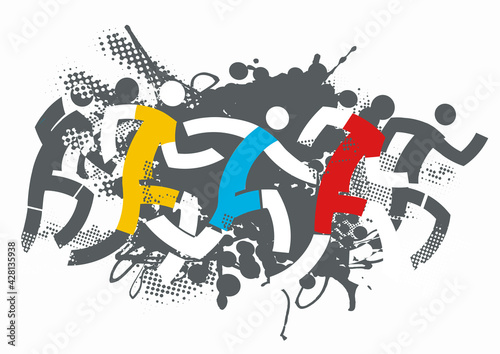 Running race, marathon,jogging.
Colorful expressive Illustration of runners on grunge background. Isolated on white background.Vector available.