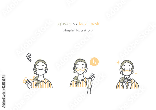 シンプルでおしゃれな若い女性の線画イラストセット　マスク　メガネ　シャツワンピ