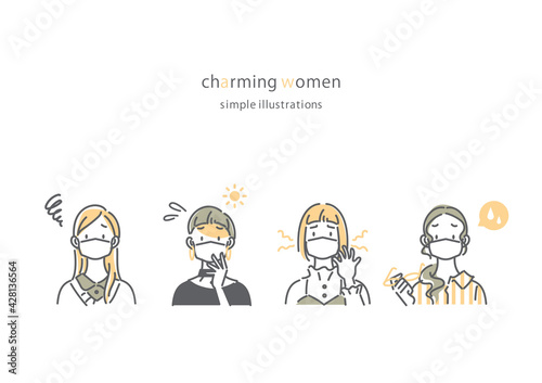 シンプルでおしゃれな若い女性の線画イラストセット　マスク