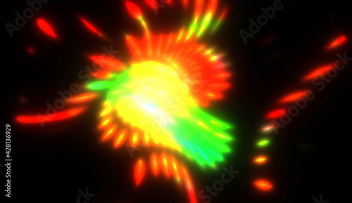 Dynamic rays of light isolated on black background. Graphic 2D illustration of glowing colorful light particles.