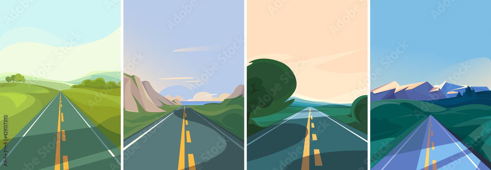 Fototapeta premium Collection of roads stretching into the horizon. Outdoor scenes in vertical orientation.
