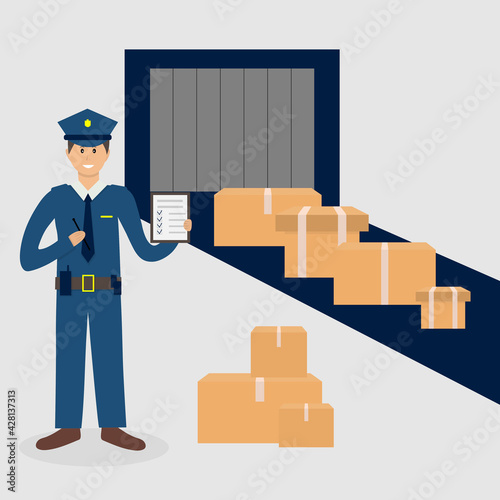 Customs control officer inspecting luggage.  Luggage passes x-ray check at airport. Airport transport security scan tape portal. Officer computer monitoring baggage. Flat vector illustration.