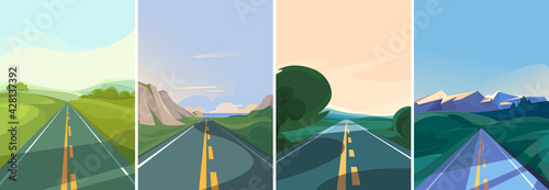 Collection of roads stretching into the horizon. Outdoor scenes in vertical orientation.
