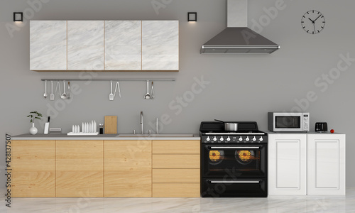 modern kitchen with gray background, 3D rendering