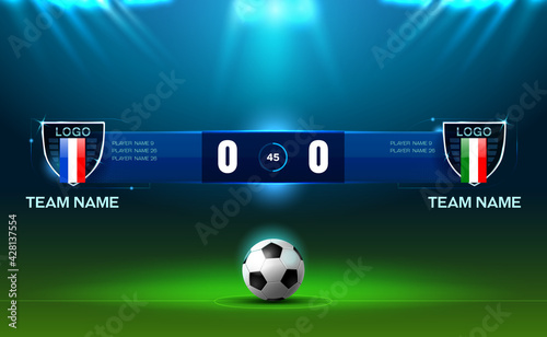 soccer football stadium spotlight and scoreboard background with glitter light