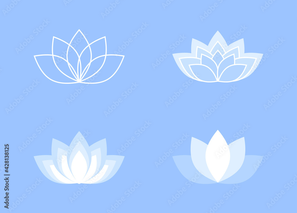 Blue and white lotus flower icon vector set on a blue background