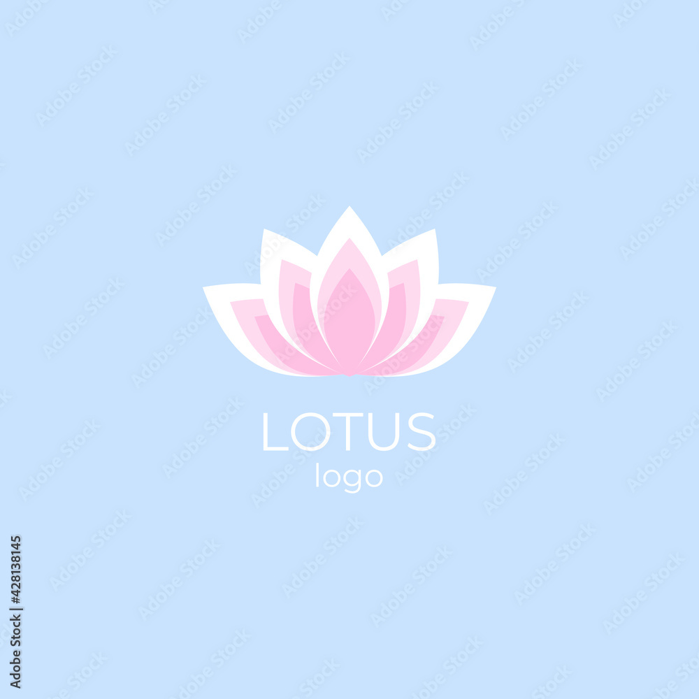 Pink and white lotus flower logo on a blue background