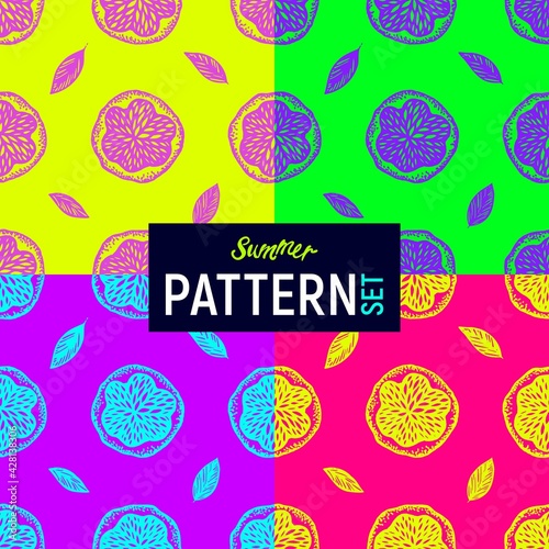 Bright fluorescent summer exotic collection of pop art patterns with doodle oranges. Vector background