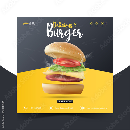 Food or culinary social media marketing template. editable square social media post for promotion. illustration vector with realistic burger.