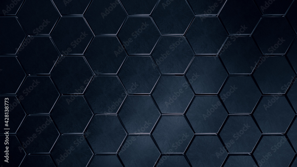 Dark metal hexagons pattern background. Futuristic space sci fi wallpaper. 3d render illustration Dark metal hexagons pattern background. Futuristic space sci fi wallpaper. 3d render illustration