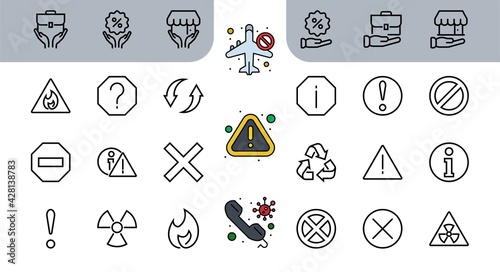 WARNINGS simple set of thin line vector icons. Contains icons such as warning, exclamation mark, reuse, warning sign and more. Editable stroke. Vector illustration