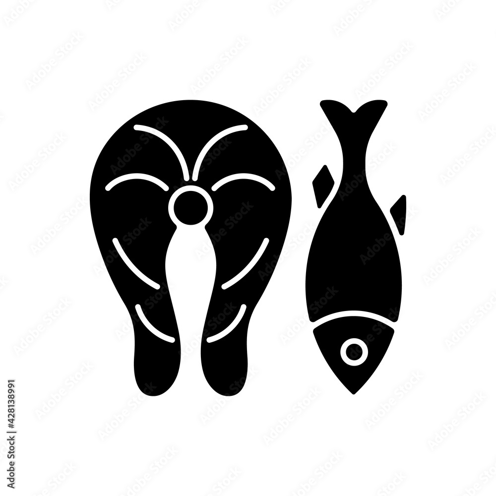 Fish black glyph icon. Marine food ingredient. Raw salmon, cooked tuna