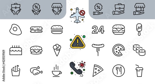 A simple set of fast food icons related to the vector line. Contains icons such as pizza, burger, sushi, bike, scrambled eggs and more. EDITABLE stroke. EPS 10