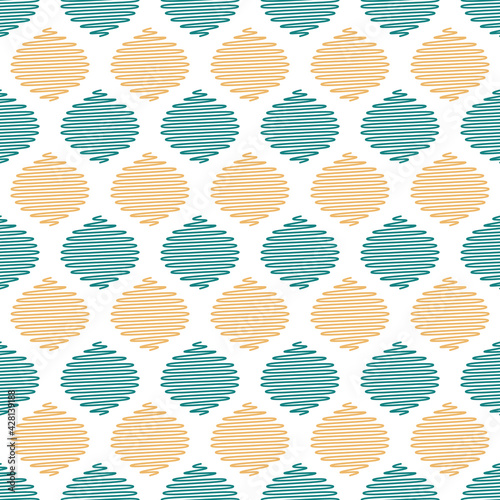 Scribbled Yellow Teal Ogees Seamless Pattern on White Background. Vector Geometric Texture.