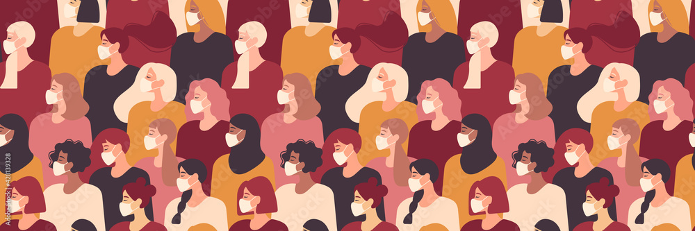 Women in white medical face mask seamless pattern, banner. Female profile diverse faces of different ethnicity. Concept of coronavirus quarantine vector illustration. Women in white medical face mask seamless pattern, banner. Female profile diverse faces of different ethnicity. Concept of coronavirus quarantine vector illustration.