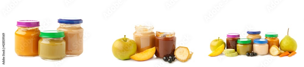 Glass jars with nutrient baby food and fruit isolated on white background. Set of photo Glass jars with nutrient baby food and fruit isolated on white background. Set of photo