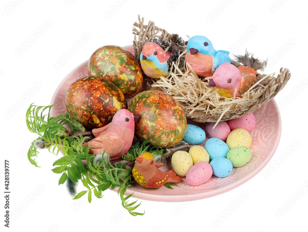 Easter handmade birds with onion painted eggs isolated Easter handmade birds with onion painted eggs isolated