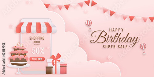 Discount shop online, pink Birthday sale banners on mobile with cake paper cut and papercraft style. Celebration Happy birthday sale voucher template.	
