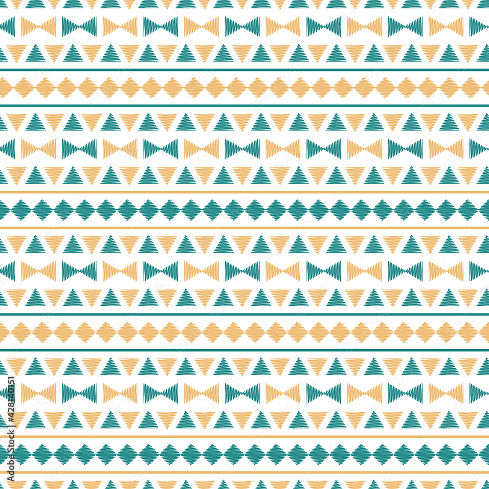 Seamless Tribal Pattern with Stripes of Scribbled Teal Yellow Triangles, Rhombus and Lines on White background. Seamless Tribal Pattern with Stripes of Scribbled Teal Yellow Triangles, Rhombus and Lines on White background.