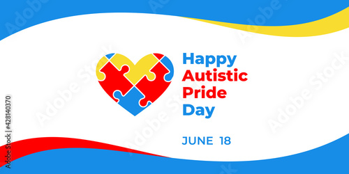 Autistic pride day. Vector web banner for social media, poster, card, flyer. Text Happy autistic pride day, June 18. Illustration with heart and Puzzles on white background