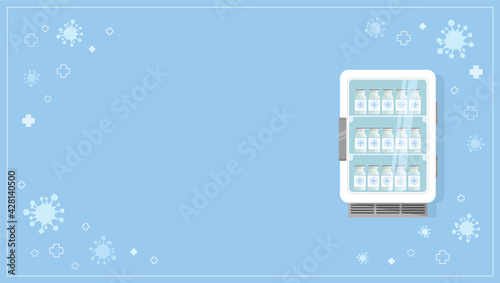 Medical vaccine fridge background. Cute laboratory refrigerator with vaccine bottles vials inside. Web page poster template with empty space for your text. Health care concept.Flat vector illustration