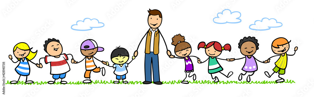 Mann als Kindergärtner mit Kindern im Kindergarten Mann als Kindergärtner mit Kindern im Kindergarten