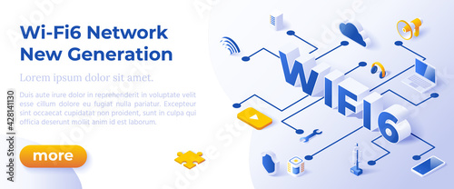 Wi-Fi 6 Telecommunications New Generation Network Connectivity in Networking - Isometric Design in Trendy Colors Isometrical Icons on Blue Background. Banner Layout Template for Website Development photo