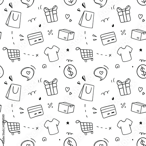 Shopping seamless pattern. Doodle Drawing design concept. Vector illustration