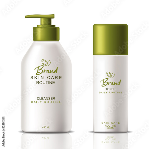 Green cosmetics products Vector realistic. Product placement mock up bottles. Packaging design label lotions 3ds