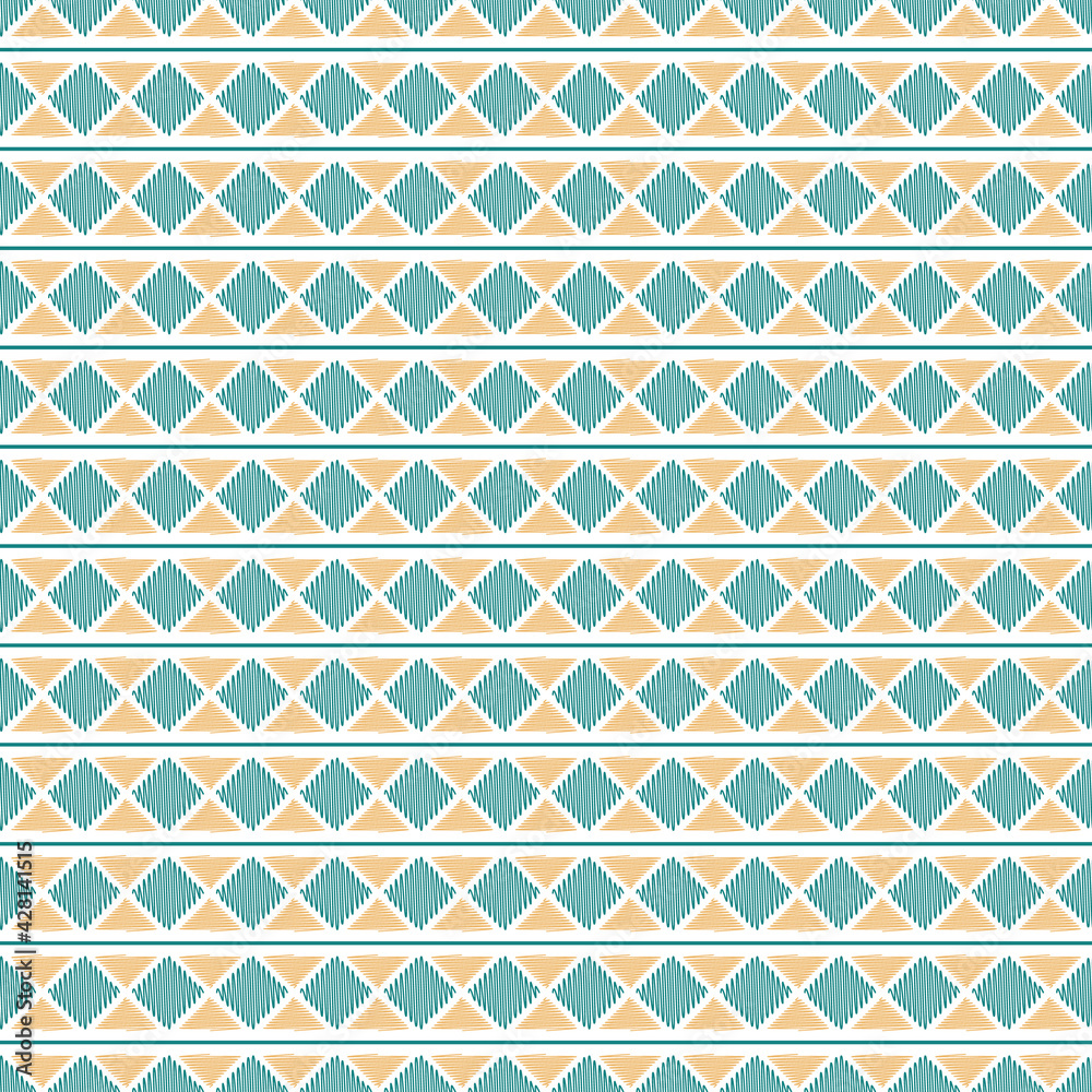 Seamless Horizontal Borders Scribbled Yellow Teal Triangles, Rhombus and Lines. 
