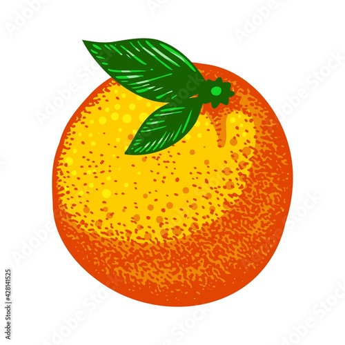 Bright fluorescent whole orange with two green leaves with pointillism elements. Vector illustration isolated on a white