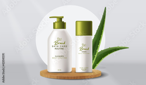 Aloe Vera cosmetics products Vector realistic. Product placement mock up bottles. Packaging design label lotions