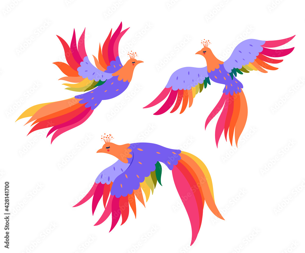 Set of magic birds isolated on a white background. Vector graphics.