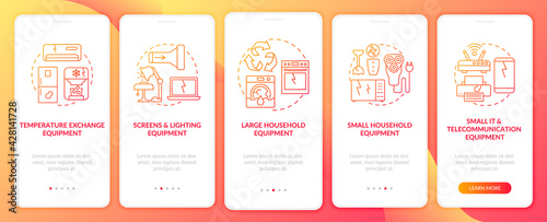 E-scrap groups onboarding mobile app page screen with concepts. Lighting, small IT equipment walkthrough 5 steps graphic instructions. UI, UX, GUI vector template with linear color illustrations