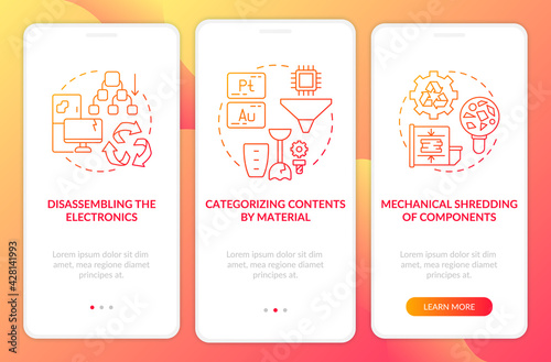E-scrap recycling onboarding mobile app page screen with concepts. Dismantling, segregation walkthrough 3 steps graphic instructions. UI, UX, GUI vector template with linear color illustrations